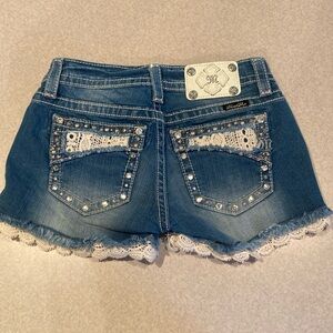 Miss Me crochet lace and denim bling shorts